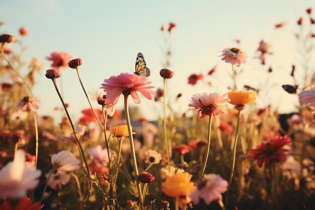 Photo a meadow filled with wildflowers and butterflies