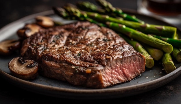 Meal gourmet de viande grillée juteuse avec des asperges fraîches généré par l'IA