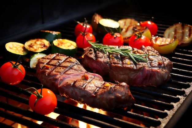 Meal viande BBQ feu bœuf légumes barbecue nourriture grill chaud pique-nique d'été cuisinier