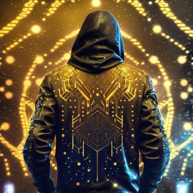 Mec dans une veste en cuir et une capuche vue du dos style cyberpunk