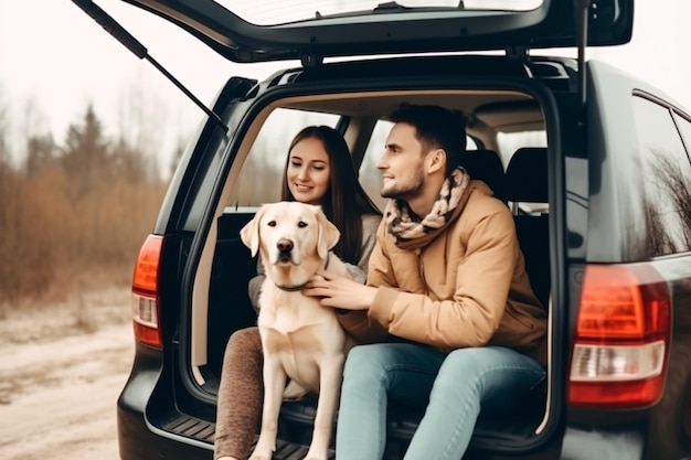 un mec avec une fille et un chien part en voyage ai