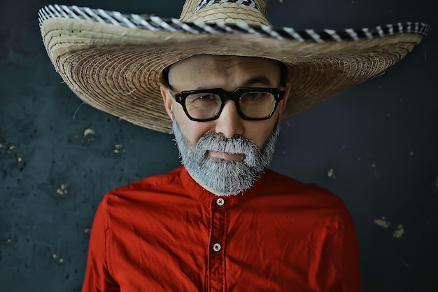 mec hipster à lunettes avec une barbe grise dans un chapeau à bord. homme modèle posant émotionnellement