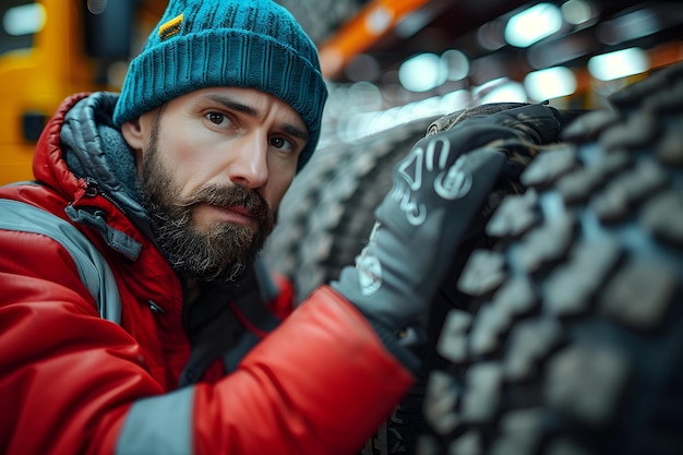 Mécanicien adulte réparant la roue d'un camion alors qu'il travaille dans un garage