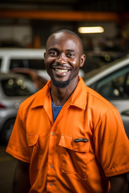 un mécanicien africain souriant réparant ou inspectant une voiture