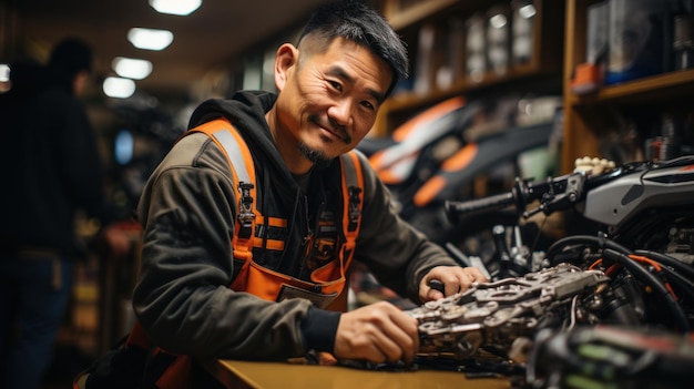 mécanicien asiatique réparant une moto dans un atelier Concept d'entretien et de réparation de motos