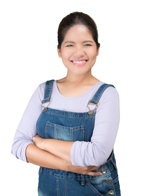 Mécanicien asiatique woman wearing jeans jumpsuit sur fond blanc