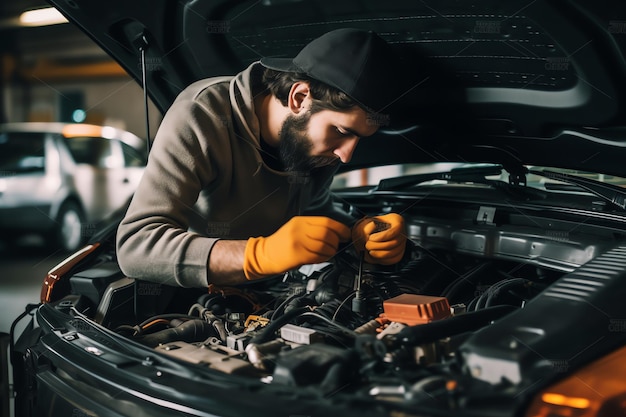 Mécanicien automobile AI génératif installant des rotors de frein avant de voiture