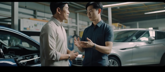 Un mécanicien automobile asiatique explique l'état de la voiture à un client dans le garage.