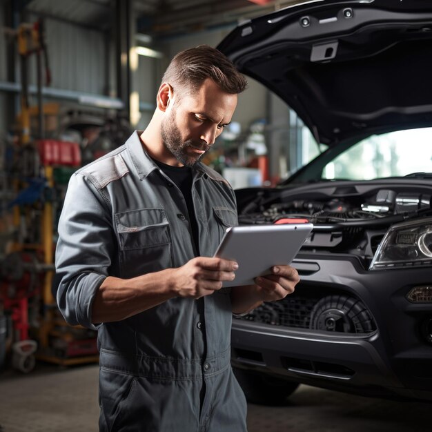 Mécanicien automobile en combinaison effectuant un diagnostic mécanique sur un véhicule à l'aide de sa tablette connectée