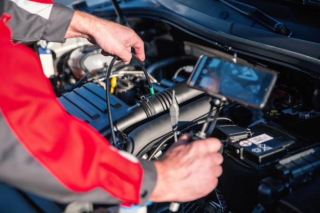 Le mécanicien automobile tient un smartphone pour vérifier les systèmes électroniques des voitures