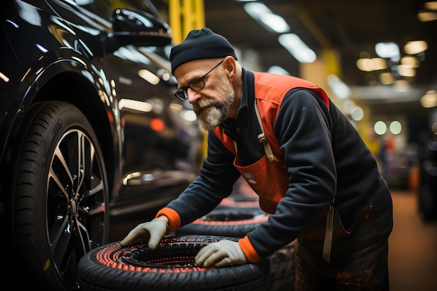 Photo mécanicien automobile travaillant dans un garage et changeant des pneus en alliage de roues service de réparation ou d'entretien automobile