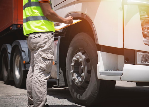 Le mécanicien automobile vérifie la liste de contrôle d'entretien de sécurité du camion Camions d'inspection de fixation de camion