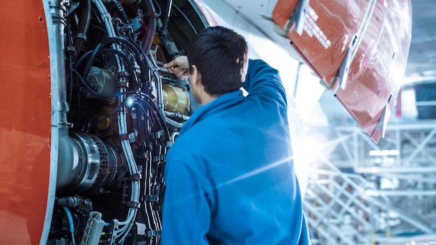 Photo un mécanicien d'entretien d'avion inspecte et régle le moteur d'un avion dans un hangar