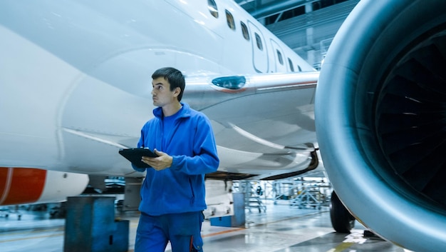 Photo un mécanicien d'entretien d'avion utilise une tablette pour inspecter la carrosserie d'un avion dans un hangar