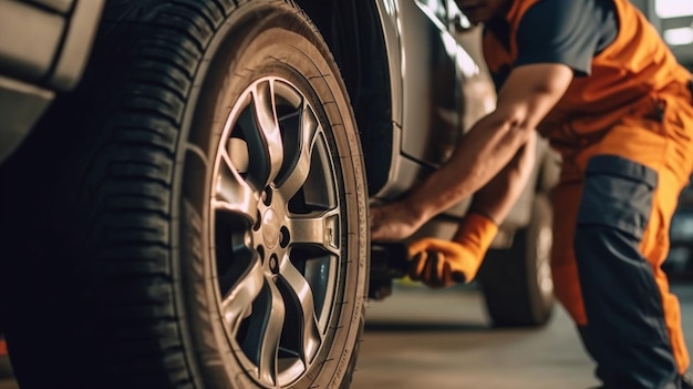 Un mécanicien d'équilibrage des roues enlève un pneu de voiture en gros plan Machine pour enlever le caoutchouc de l'IA générative