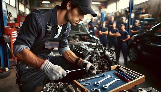 Photo mécanicien expert fine-tunes moteur avec des outils de précision dans le garage occupé travail quotidien authentique envir