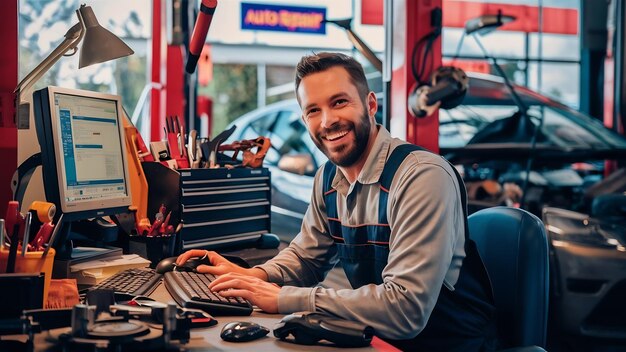 Photo un mécanicien heureux travaillant sur un ordinateur dans un atelier de réparation automobile