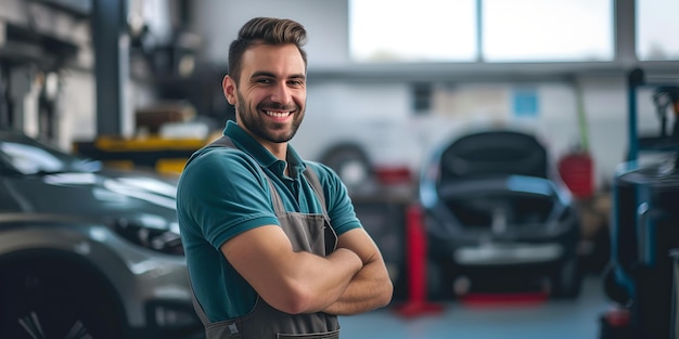 Mécanicien masculin confiant dans un garage professionnel dans le service de réparation de voitures tenue de travail occasionnelle se concentrer sur le travail bien fait AI