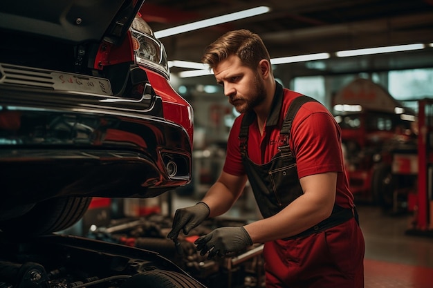 Photo mécanicien masculin en uniforme réparant une voiture dans un centre de service