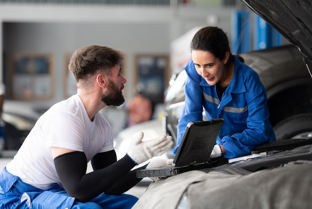 Un mécanicien et une mécanicienne professionnels travaillent ensemble dans un atelier de réparation automobile.