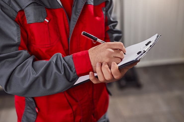 Photo mécanicien, prendre des notes sur papier presse-papiers