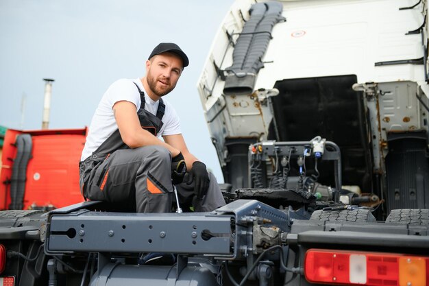 Photo mécanicien professionnel de camions travaillant dans le service de réparation de véhicules