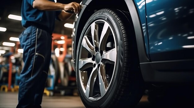 Un mécanicien professionnel change un pneu de voiture