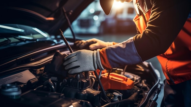 Mécanicien professionnel ou homme travaillant sur un véhicule ou un moteur de voiture mains et récolte pour les pièces de voiture