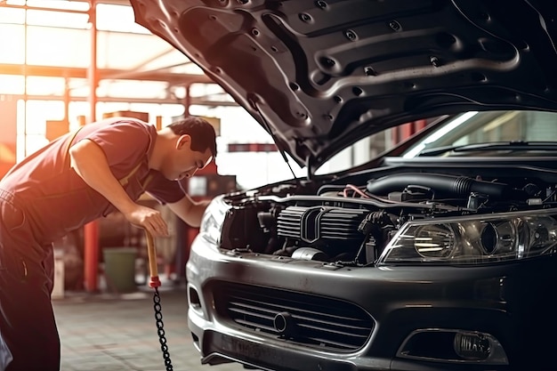 Photo mécanicien professionnel travaillant dans un atelier de réparation automobile concept de service et d'entretien de voiture