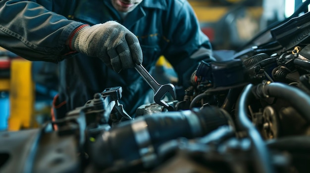 Photo mécanicien qualifié en combinaison tenant une clé anglaise et travaillant sur un moteur avec concentration et précision