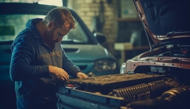 Photo mécanicien réparant une voiture de radiateur dans une feuille de travail moderne