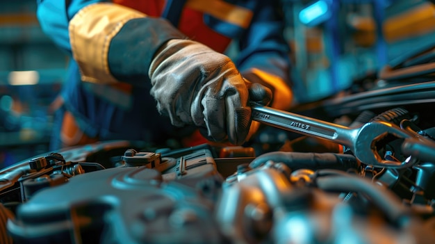un mécanicien travaille sur un moteur de voiture avec une clé