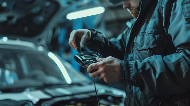 Mécanicien utilisant un scanner de diagnostic de voiture