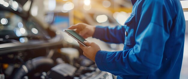 Photo mécanicien de voiture en uniforme bleu utilisant une tablette numérique pour vérifier un moteur de voiture sous le capot