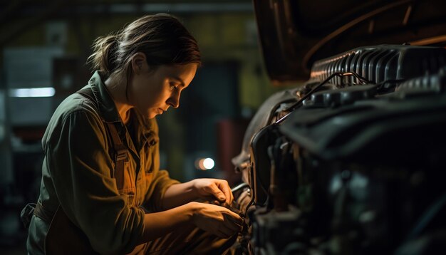 une mécanicienne réparant une voiture vintage IA générative