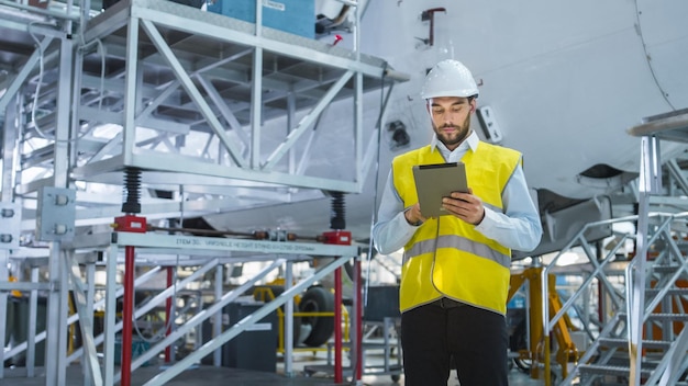 Mécaniciens de maintenance d'aéronefs se déplaçant dans le hangar tenant un ordinateur tablette