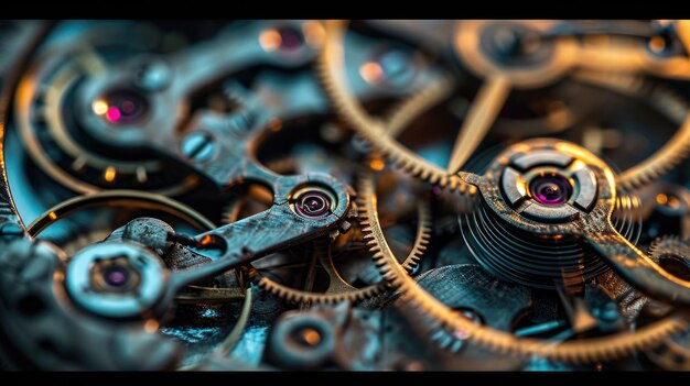 Photo mécanisme d'horlogerie en gros plan engrenages et rouages machines industrielles
