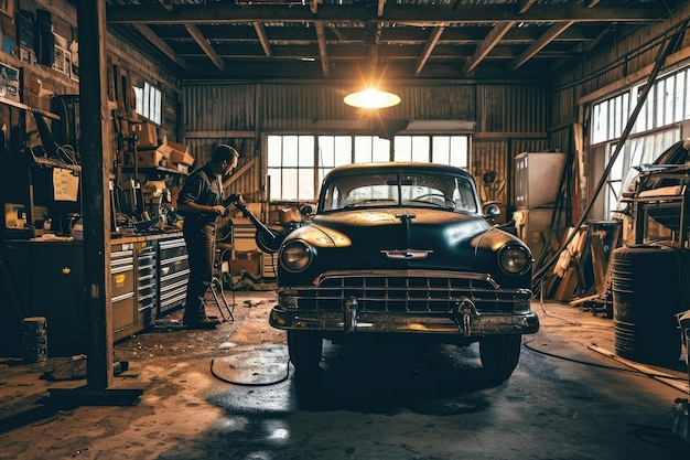 Photo a mechanic fixing a vintage car in a garage ai generated