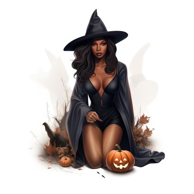 Méchant et élégant, un portrait d'Halloween illustré d'une sorcière noire à la mode de Kim Kardashian