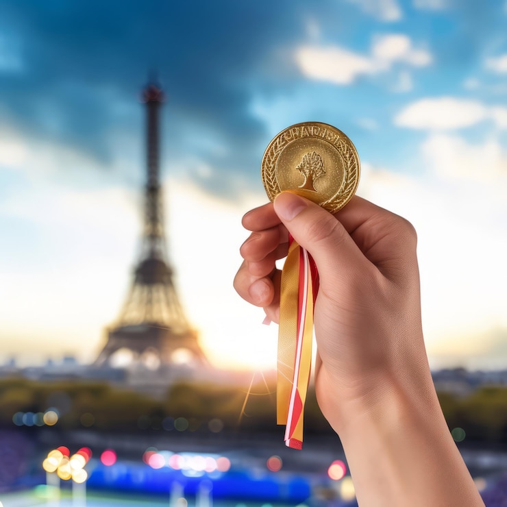Photo médaille olympique avec la tour eiffel en toile de fond