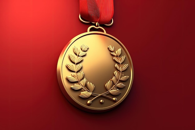 Médaille d'or isolée sur fond rouge AI