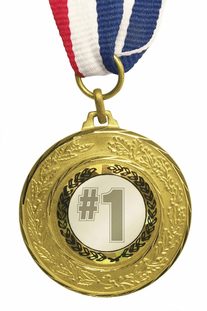 Une médaille d'or sur un ruban multicolore avec un relief