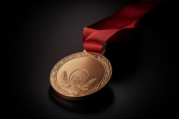 Une médaille d'or avec un ruban rouge dessus