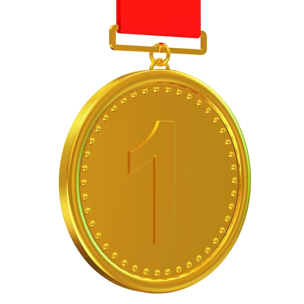 Médaille d'or avec ruban rouge isolé sur fond blanc