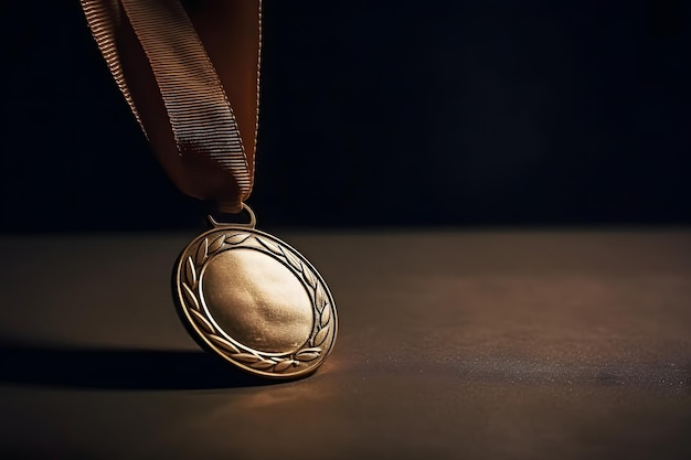 Médaille de sport brillante en gros plan sur un ruban marron sur une table Fond noir avec espace de copie Prix pour les plus hautes réalisations sportives