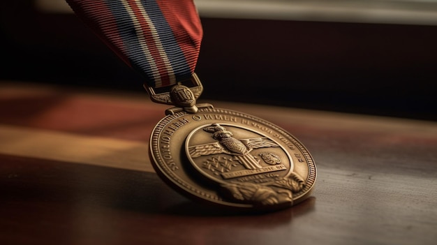 Une médaille des États-Unis d'Amérique est sur une table.