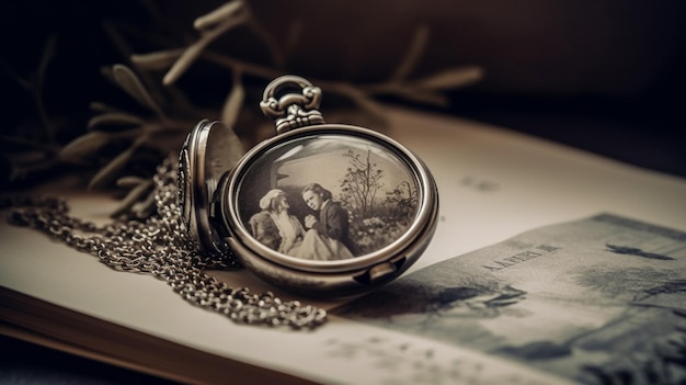 Photo un médaillon en argent avec une photo d'une femme et d'un homme sur le couvercle.