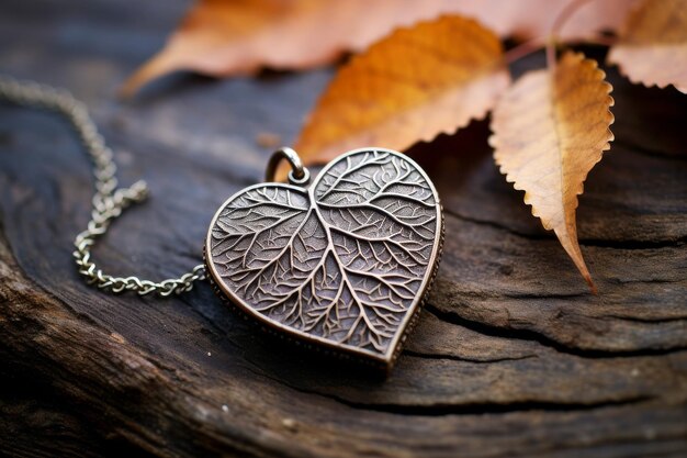 Médaillon au cœur vintage au milieu des feuilles d'automne sur fond de bois