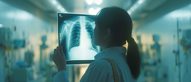 Le médecin affiche une radiographie thoracique sur une boîte d'éclairage dans le couloir de l'hôpital et discute de l'état des poumons du patient.