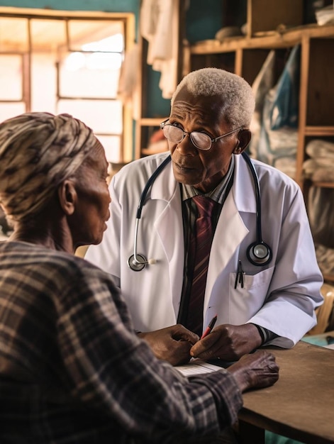 Photo un médecin africain rend visite à un patient âgé et ils conversent pendant l'examen médical.